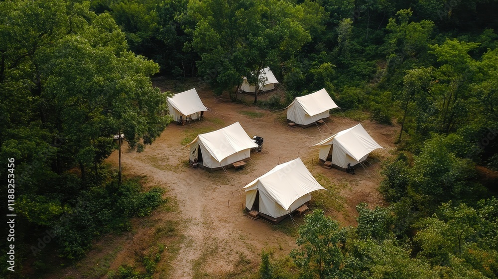 Tranquil Surroundings of a Scenic Campsite with Tents Nestled in Lush Green Forest Under a Clear Sky, Ideal for Nature Lovers and Adventurers Seeking Outdoor Experience Tranquil Surroundings of a Scenic Campsite with Tents Nestled in Lush Green Forest Under a Clear Sky, Ideal for Nature Lovers and Adventurers Seeking Outdoor Experience