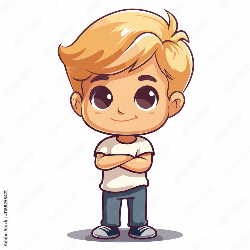 Cute cartoon boy standing with folded arms. Vector illustration isolated on white background. Cute cartoon boy standing with folded arms. Vector illustration isolated on white background.