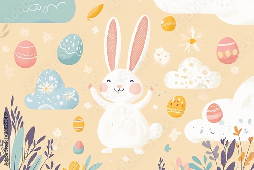 Cheerful bunny surrounded by colorful eggs and whimsical clouds,