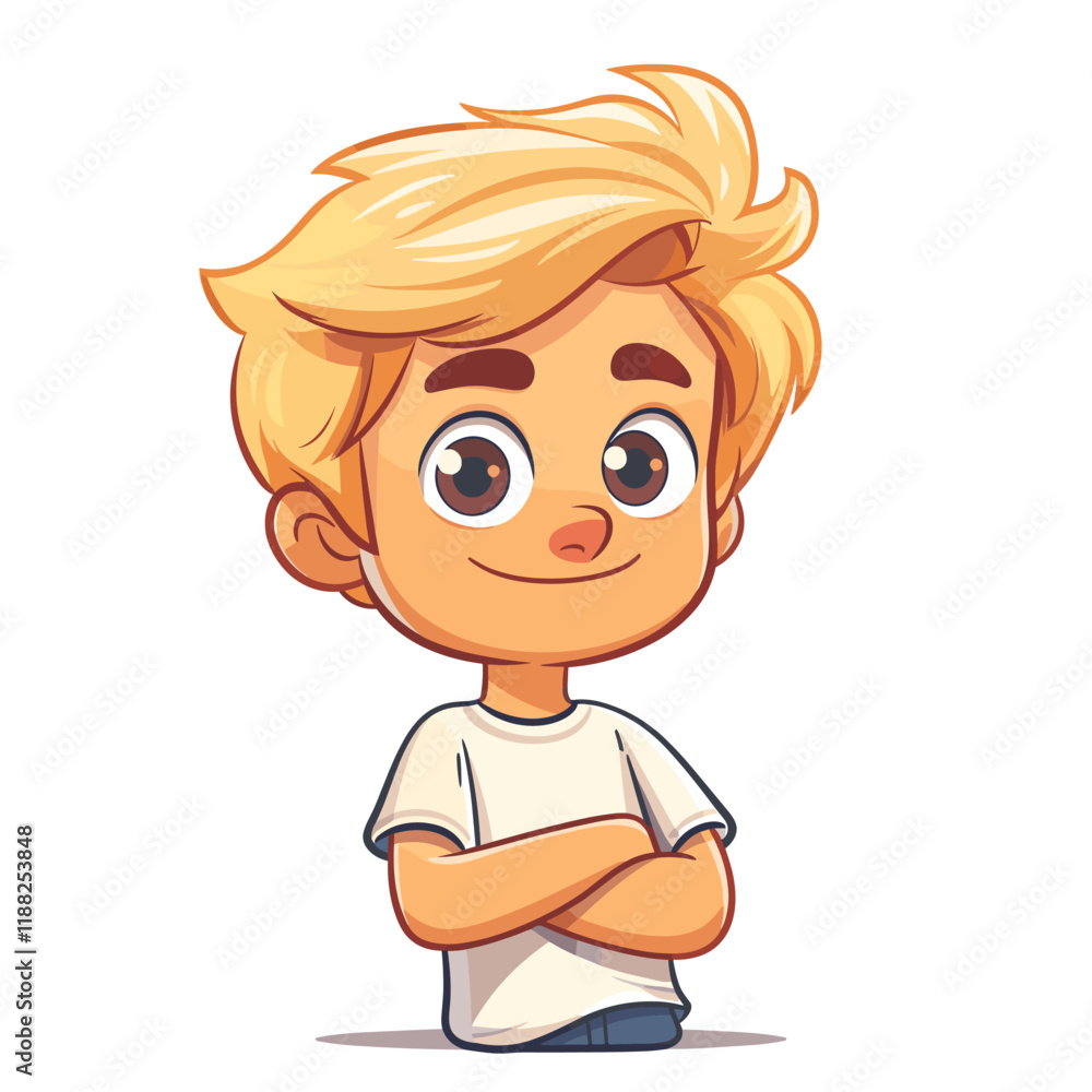 Cute cartoon boy standing with folded arms. Vector illustration isolated on white background. Cute cartoon boy standing with folded arms. Vector illustration isolated on white background.