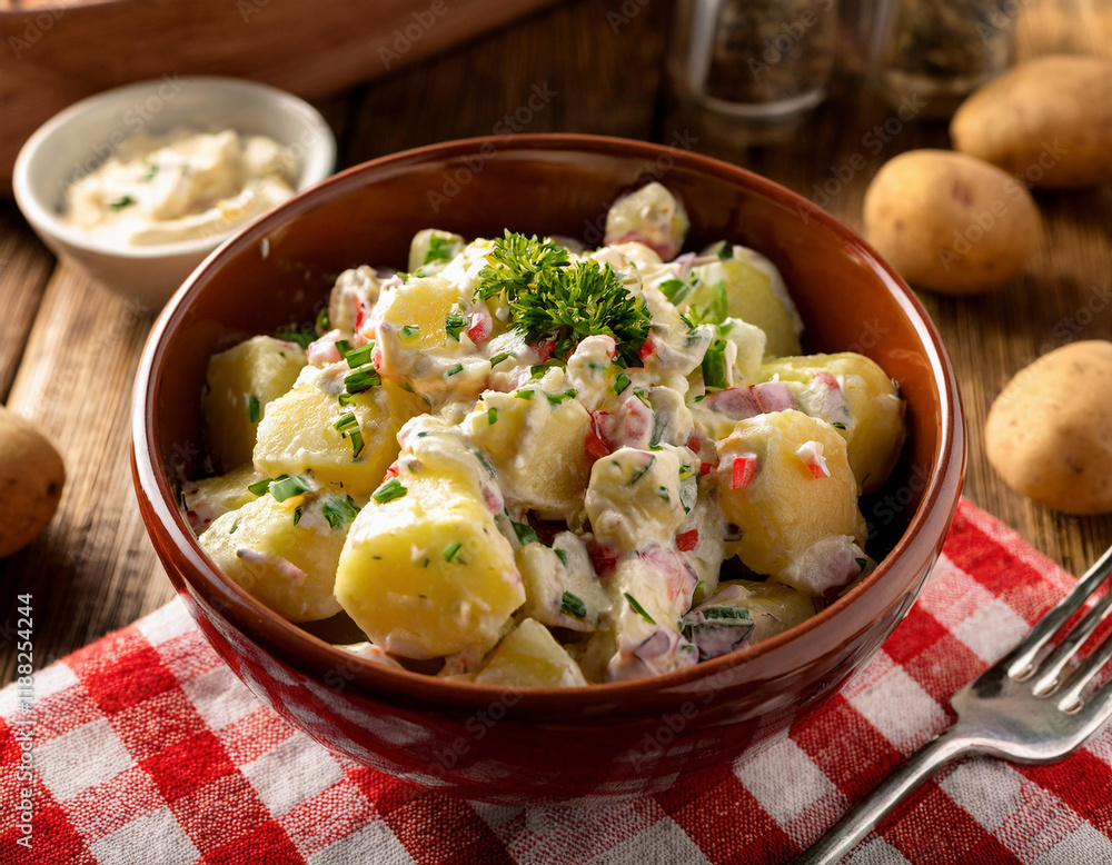 A bowl of creamy potato salad, garnished with fresh parsley and red onion, sits on a red and white checkered napkin.
A bowl of creamy potato salad, garnished with fresh parsley and red onion, sits on a red and white checkered napkin.