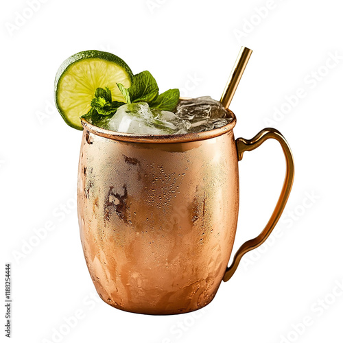 Extreme front view of a perfect looking Whiskey Mule whisky drink isolated on a white transparent background