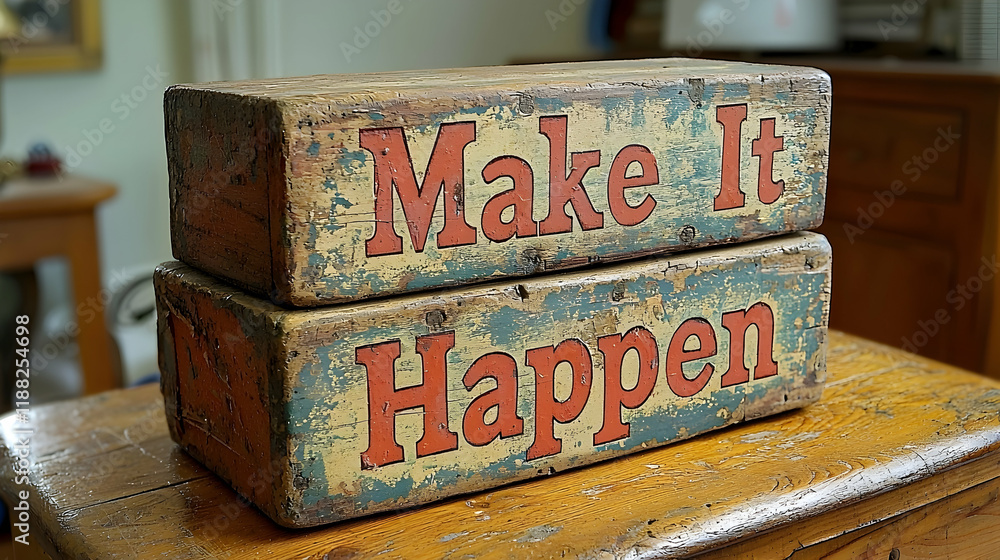 Rustic wooden blocks spelling 'Make It Happen' on table, vintage interior background, motivational message Rustic wooden blocks spelling 'Make It Happen' on table, vintage interior background, motivational message