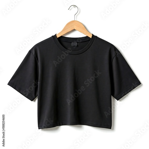A black cropped top t-shirt hanging on white background