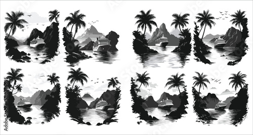 Cruise ship at sea with palm tree silhouettes icons. Tropical vacation with cruise ship and palm trees. Palm trees and cruise ship silhouettes at sunset vector. Tropical paradise with palm silhouettes