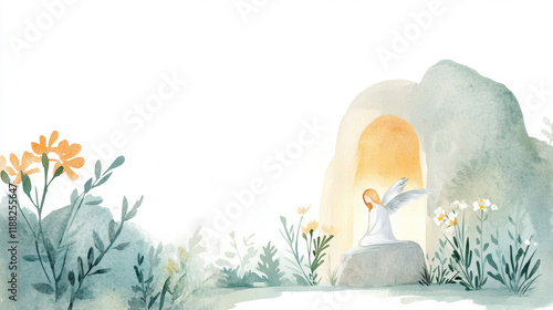 Easter angel at sunrise: serene watercolor scene of resurrection