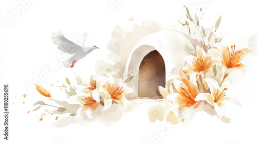 Easter tomb with white dove and lillies in watercolor