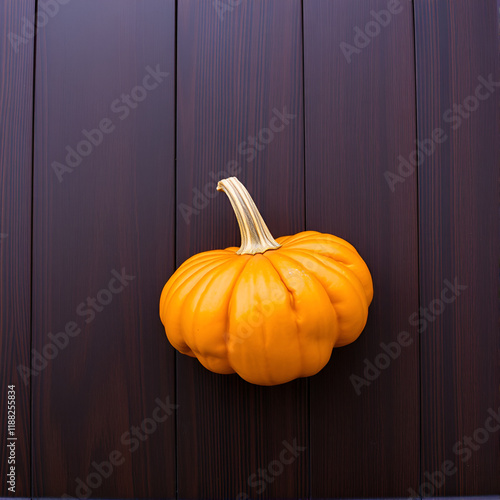 flattened orange pumpkin lies on a dark wooden background photo