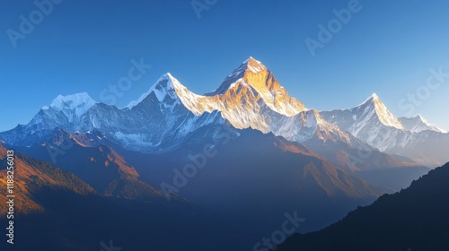 Majestic mountain range under a clear blue sky, sunlight casting warm hues on the peaks, concept of adventure and exploration, serene landscape. photo