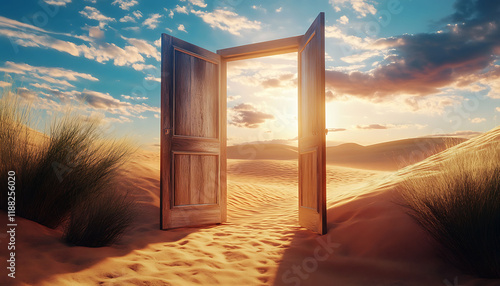 A glowing red door in an endless desert under dramatic skies. The scene feels mysterious and symbolic. photo