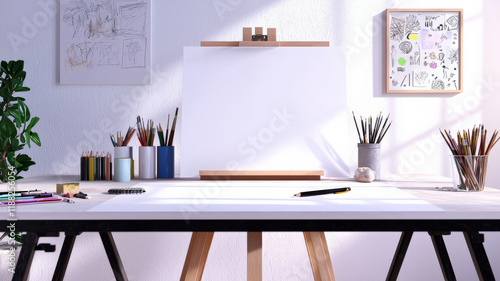 A sophisticated studio workspace with a drafting table, inspiration board, and neatly arranged art supplies, bathed in soft natural light.