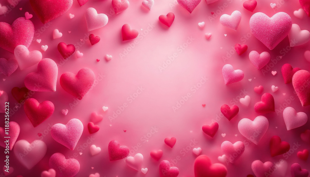 Colorful hearts in various shades scattered across a pink background, celebrating love and affection Colorful hearts in various shades scattered across a pink background, celebrating love and affection