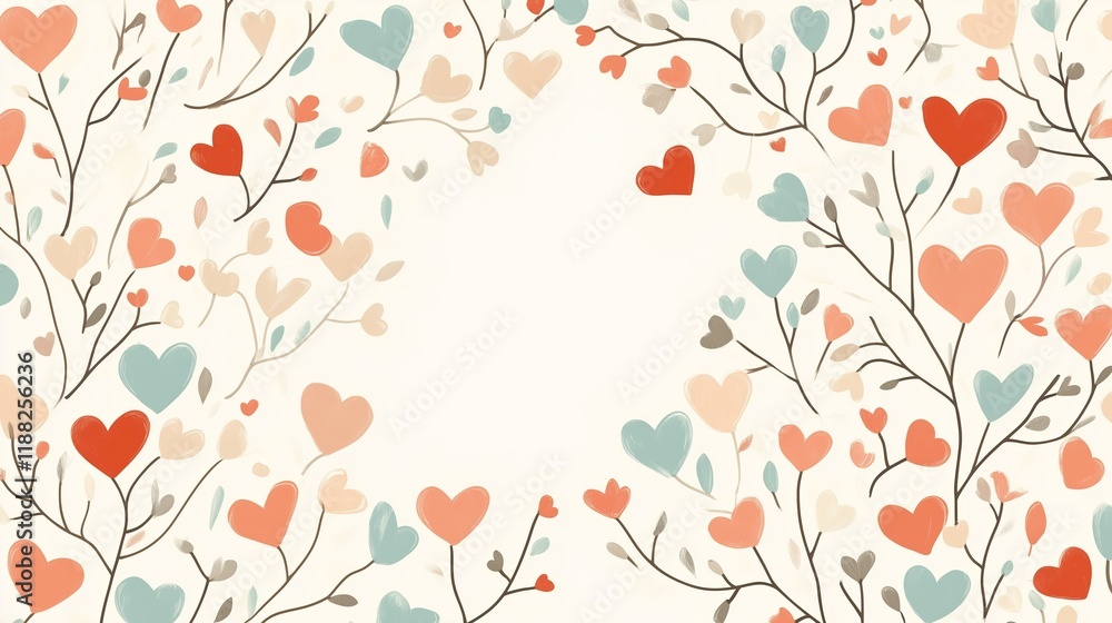 A light and airy Valentine’s Day design featuring heart-shaped leaves and branches in soft pastel hues of red, peach, blue, and beige. A light and airy Valentine’s Day design featuring heart-shaped leaves and branches in soft pastel hues of red, peach, blue, and beige.