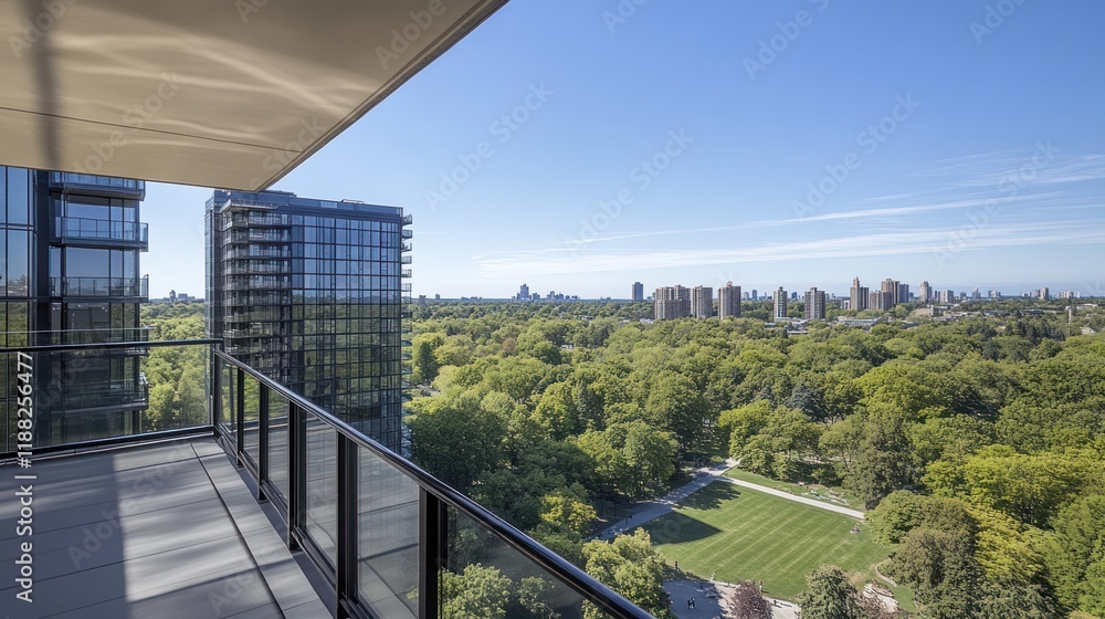Fototapeta premium Cityscape View from Modern Balcony: High-Rise Luxury with Park and Skyline