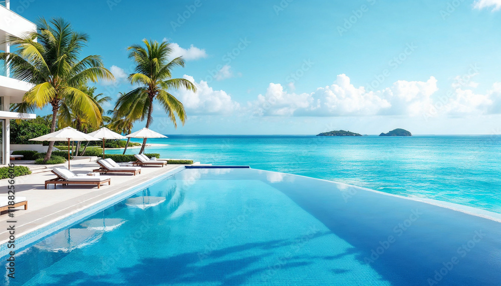 Naklejka premium Serene infinity pool with palm trees and ocean view on a sunny day