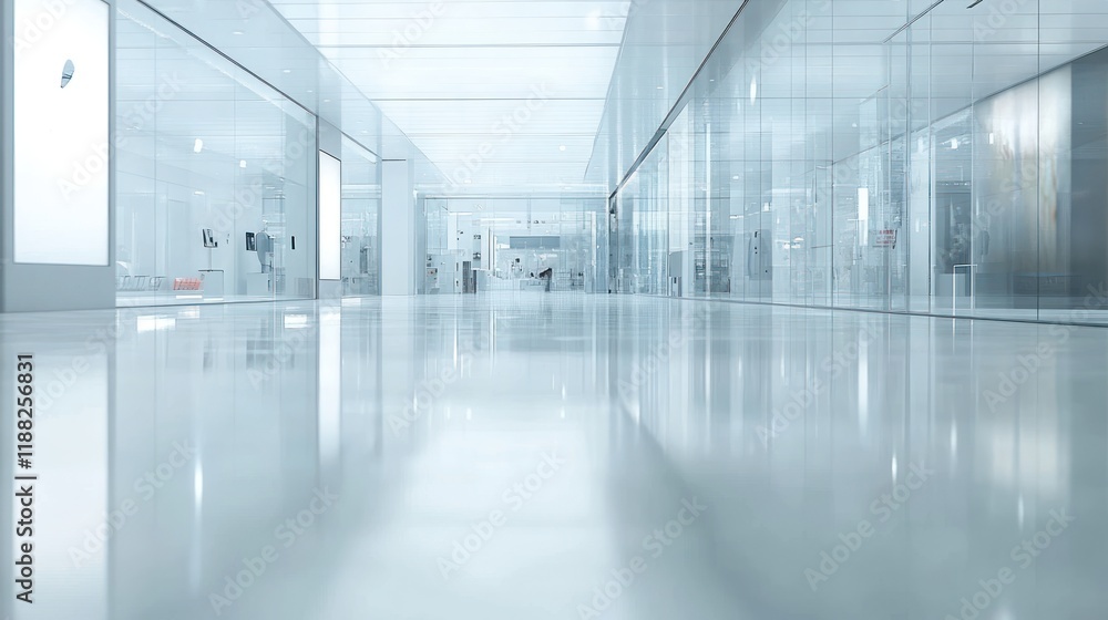 Obraz premium Modern Minimalist Shopping Mall Interior: Clean Lines and Reflective Surfaces