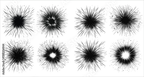 Abstract fireworks explosion vector icons. Radial speed lines in circle vector art. Vector icons of fireworks explosion. Festive fireworks burst icons. Abstract vector fireworks explosions