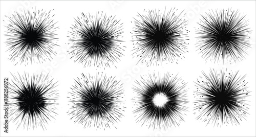 Abstract fireworks explosion vector icons. Radial speed lines in circle vector art. Vector icons of fireworks explosion. Festive fireworks burst icons. Abstract vector fireworks explosions