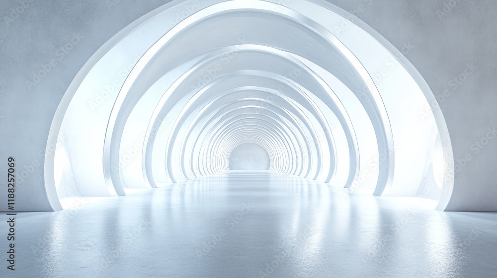 Naklejka premium Abstract white arched hallway with bright light at the end.