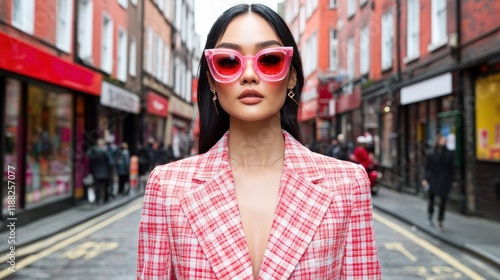 Stylish Woman in Pink Blazer and Sunglasses on City Street