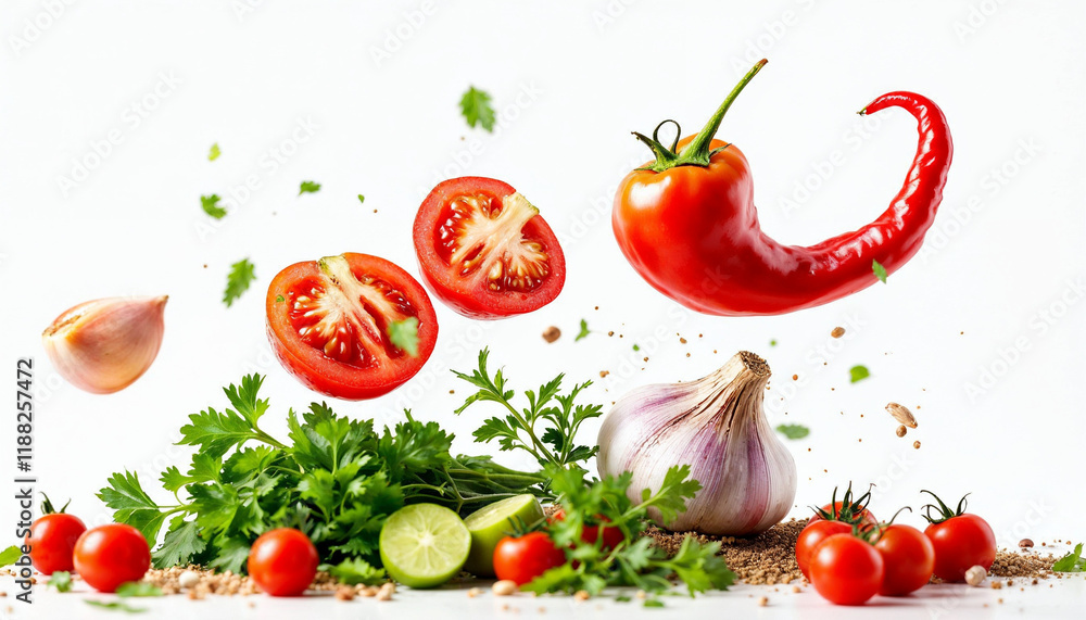 Fresh vegetables and herbs floating in mid-air creating an artistic culinary display full of colors and textures Fresh vegetables and herbs floating in mid-air creating an artistic culinary display full of colors and textures