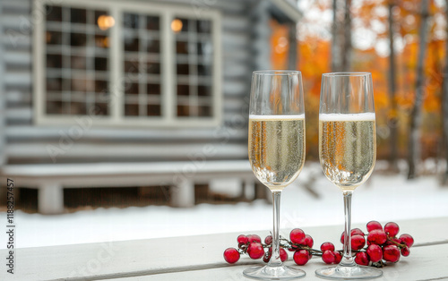 Two elegant champagne glasses filled with sparkling wine, surrounded by red berries, set against cozy cabin backdrop in autumn photo