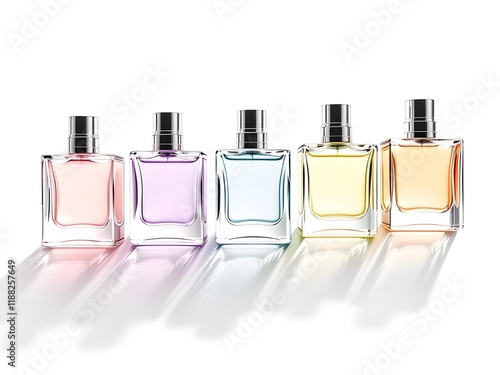 Sleek Perfume Bottles in Various Colors on White Background. mockup perfume bottles image 

