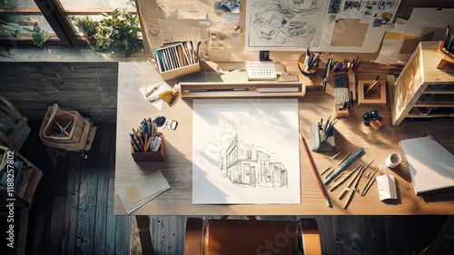 A sophisticated studio workspace with a drafting table, inspiration board, and neatly arranged art supplies, bathed in soft natural light.