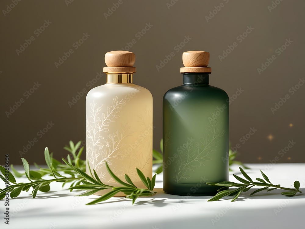 Natural Perfume Bottles with Wooden Caps and Leaf Designs. mockup perfume bottles image
Natural Perfume Bottles with Wooden Caps and Leaf Designs. mockup perfume bottles image