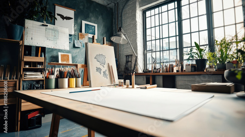 A sophisticated studio workspace with a drafting table, inspiration board, and neatly arranged art supplies, bathed in soft natural light.