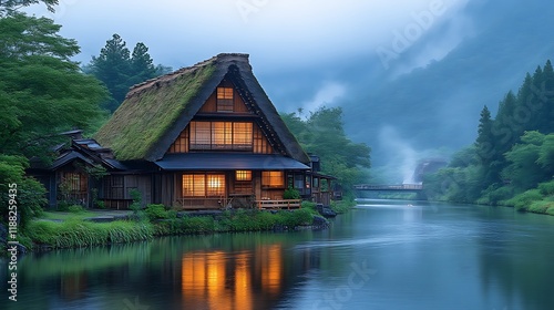 Illuminated Japanese Gassho Style House by River photo