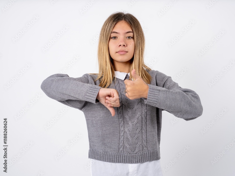 Beautiful teen girl wearing grey sweater  showing thumb up down sign