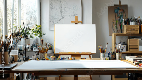 A sophisticated studio workspace with a drafting table, inspiration board, and neatly arranged art supplies, bathed in soft natural light.