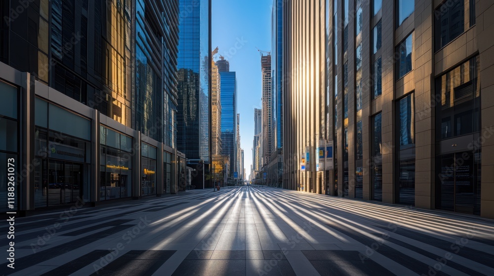 Obraz premium Sunlit Urban Streetscape: A Modern City's Dawn