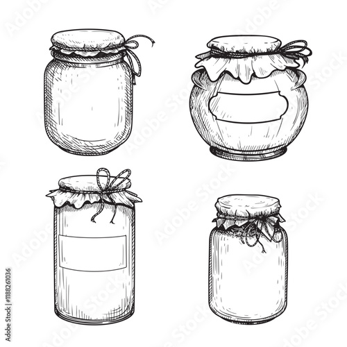 Hand drawn sketch style jars full of fruit jam or honey set. Best for craft made preserve designs. Isolated on white background.