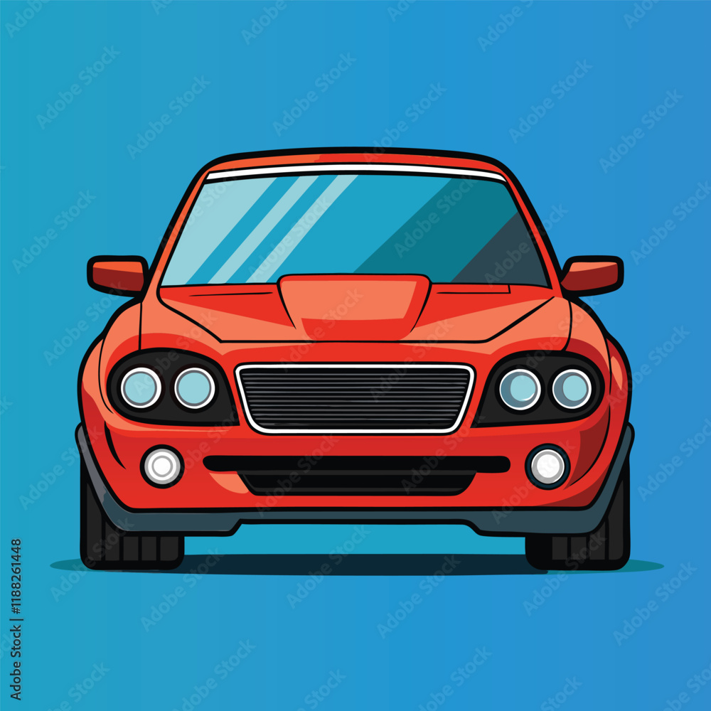 Red Sports Car Front View Illustration on Blue Background - Modern Automotive Design Red Sports Car Front View Illustration on Blue Background - Modern Automotive Design