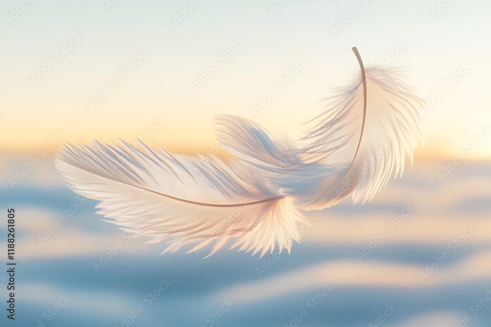 A pair of feathers gently touching, floating in a serene, clear sky A pair of feathers gently touching, floating in a serene, clear sky