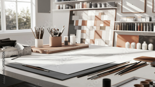 A sophisticated studio workspace with a drafting table, inspiration board, and neatly arranged art supplies, bathed in soft natural light.