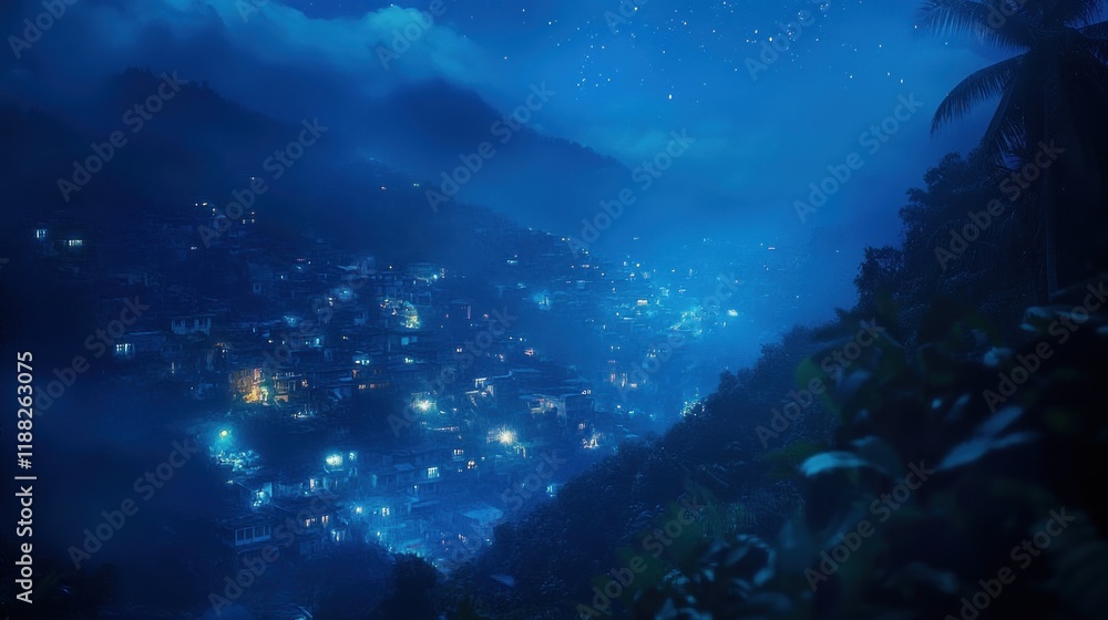 Fototapeta premium Nightfall Enchantment: A Serene Mountain Village Under the Stars
