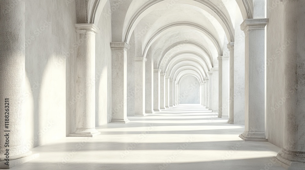Sunlit classical colonnade hallway with arches and pillars. Sunlit classical colonnade hallway with arches and pillars.