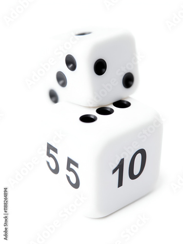 close-up of two die five dice. fifty-fifty or 10. image for Rule of 55 early retirement planning themes or games  game night entertainment. isolated on a white background photo