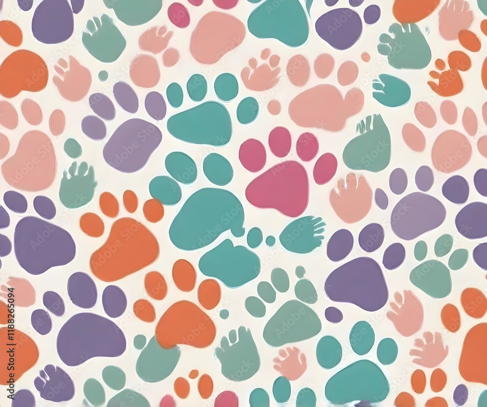 Fototapeta premium Cat and dog paw print seamless pattern colorful vector on white background 