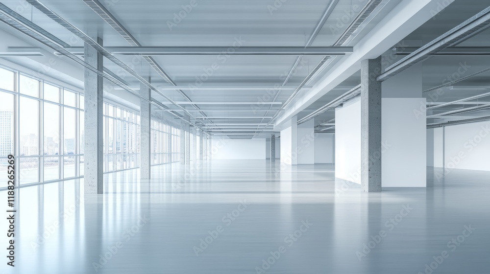 Empty modern spacious office interior with large windows and city view. Empty modern spacious office interior with large windows and city view.