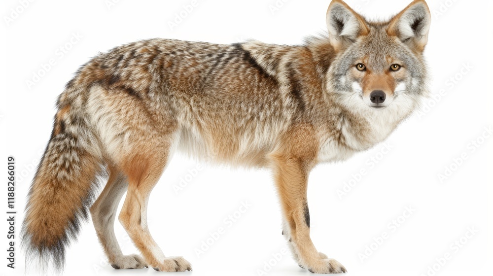 Fototapeta premium Realistic coyote standing alert with transparent background for easy design integration