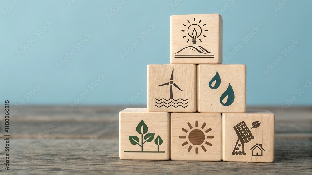 Stacked wooden cubes featuring icons of renewable resources including water, wind, and solar energy, promoting sustainability and green energy. Perfect for educational and eco-awareness materials. Stacked wooden cubes featuring icons of renewable resources including water, wind, and solar energy, promoting sustainability and green energy. Perfect for educational and eco-awareness materials.