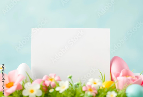 Blank white card with pastel Easter eggs and colorful spring flowers on a grassy foreground against a soft blue background