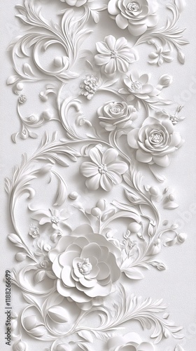 Elegant white floral relief art featuring intricate roses and blossoms, creating a serene and sophisticated ambiance.