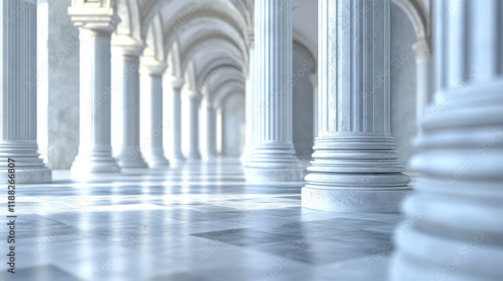 Elegant marble colonnade interior with light reflecting on polished floor.