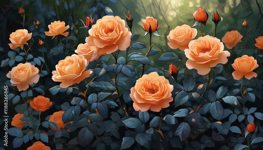 Peach roses bloom in sun-dappled garden. Peach roses bloom in sun-dappled garden.