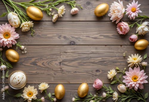 Wooden background decorated with golden Easter eggs and fresh pink and white spring flowers